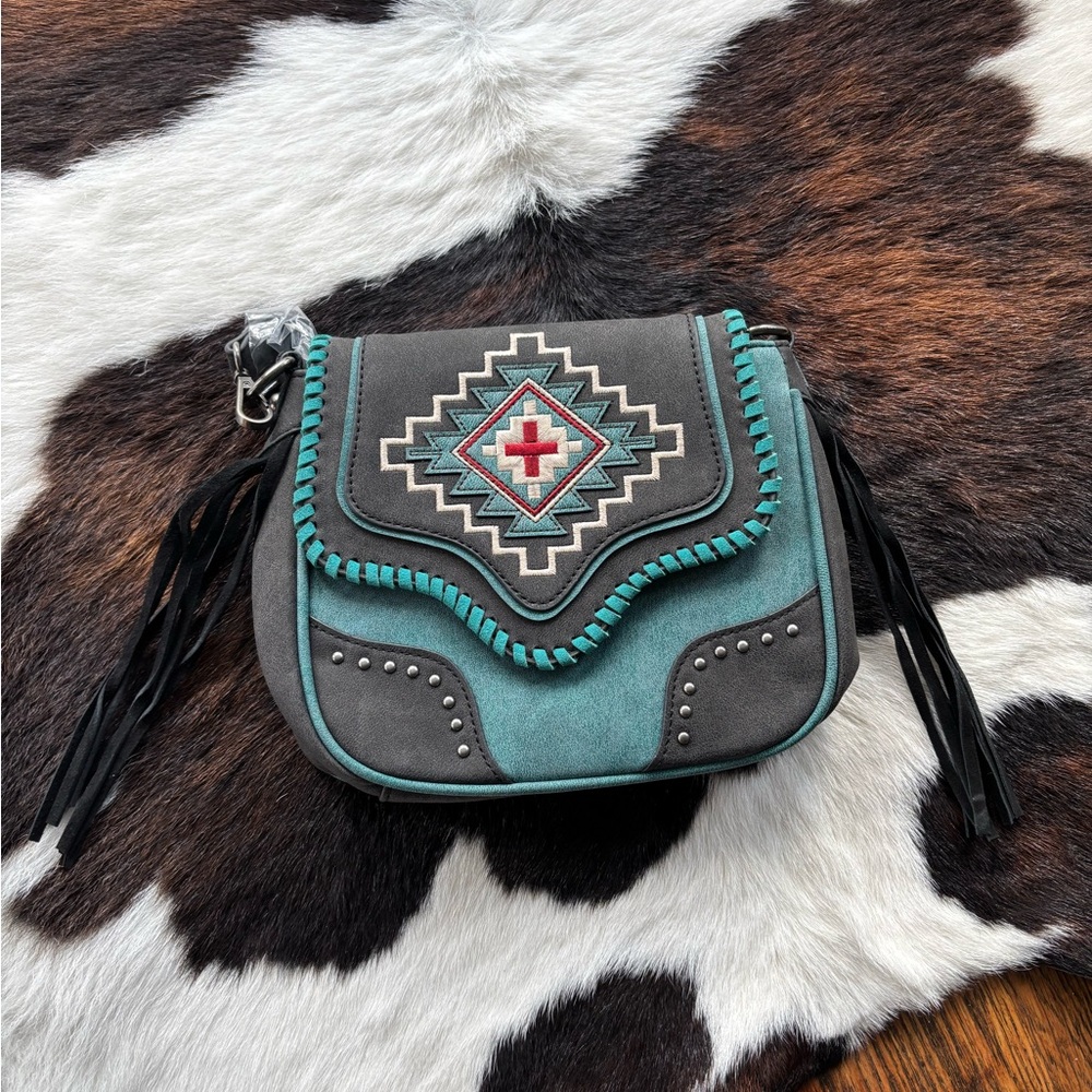 Montana West Black and Teal Crossbody Bag with Fringe